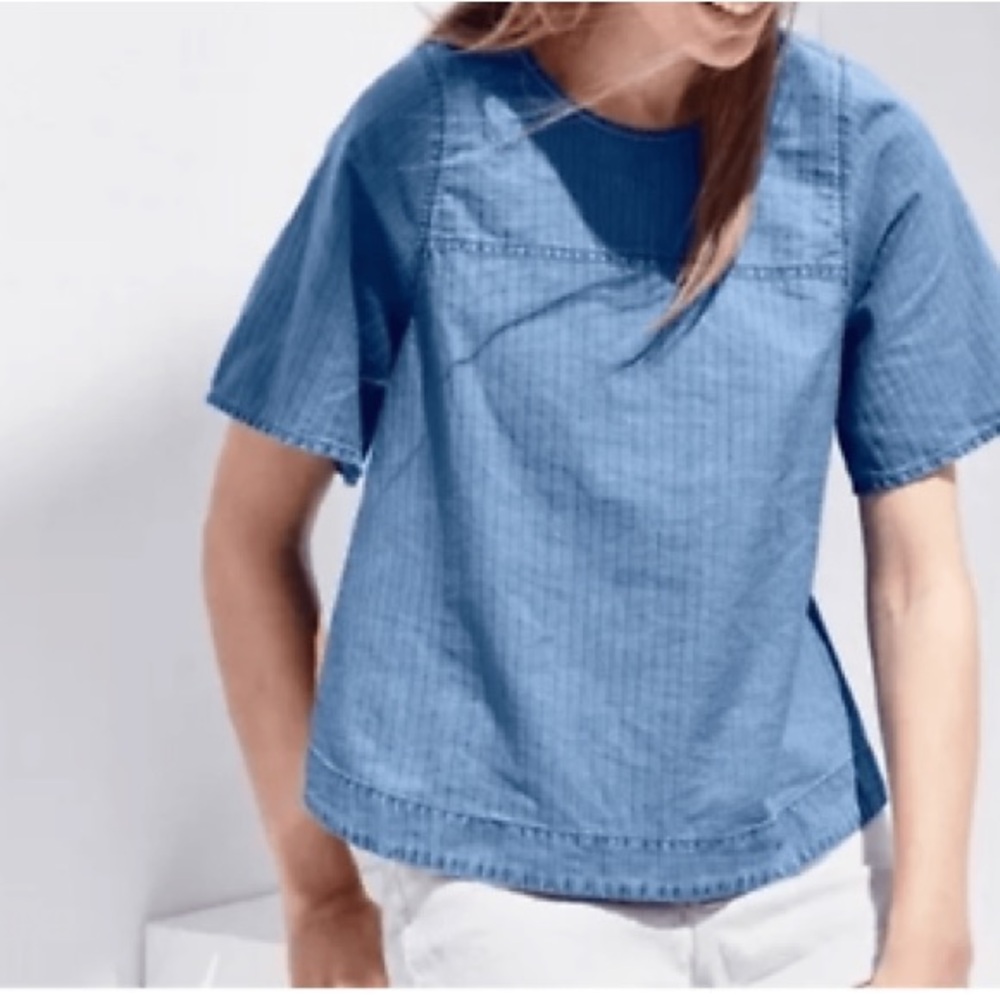 J. Crew Chambray Swing Top Women’s Size Small Blue Short Sleeve Tie Back Relaxed
